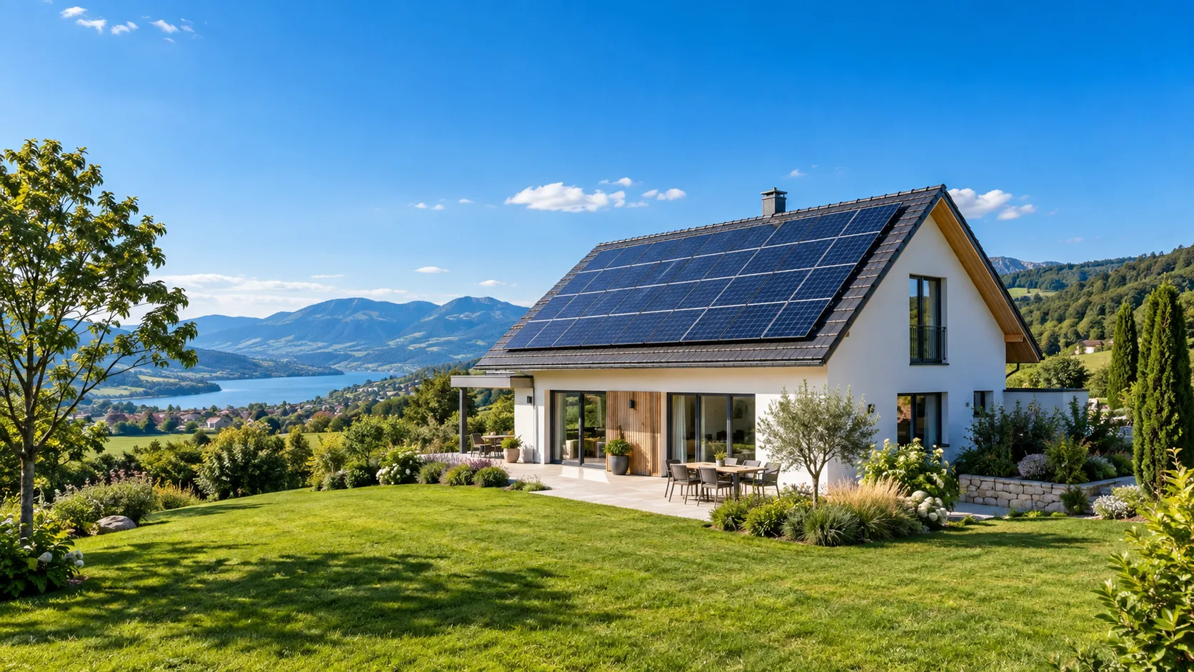 Casa moderna sustentável com painéis solares fotovoltaicos
